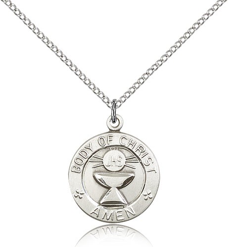 Body of Christ Medal, Sterling Silver - 18&quot; 1.2mm Sterling Silver Chain + Clasp