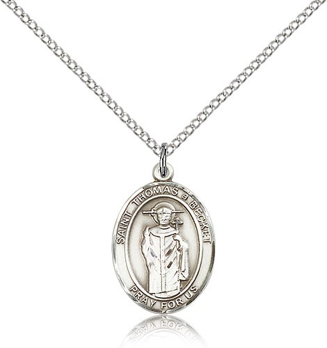 St. Thomas A Becket Medal, Sterling Silver, Medium - 18&quot; 1.2mm Sterling Silver Chain + Clasp