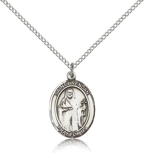 St. Brendan the Navigator Medal, Sterling Silver, Medium - 18&quot; 1.2mm Sterling Silver Chain + Clasp