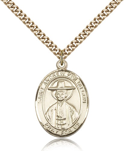 St. Andrew Kim Taegon Medal, Gold Filled, Large - 24&quot; 2.4mm Gold Plated Chain + Clasp