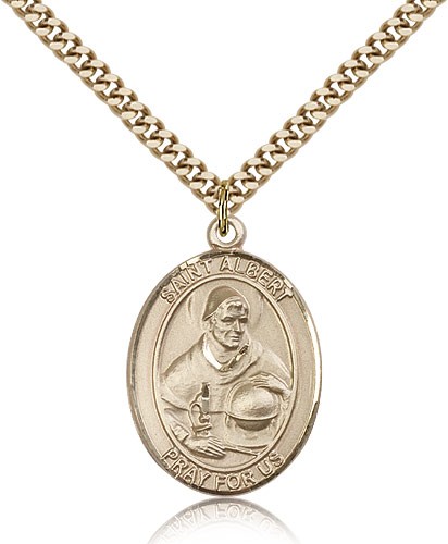 St. Albert the Great Medal, Gold Filled, Large - 24&quot; 2.4mm Gold Plated Chain + Clasp