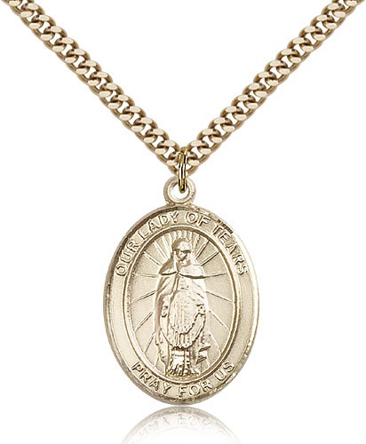 Our Lady of Tears Medal, Gold Filled, Large - 24&quot; 2.4mm Gold Plated Chain + Clasp