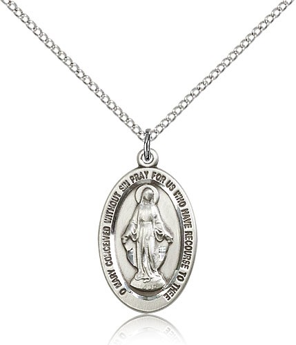 Miraculous Medal, Sterling Silver - 18&quot; 1.2mm Sterling Silver Chain + Clasp