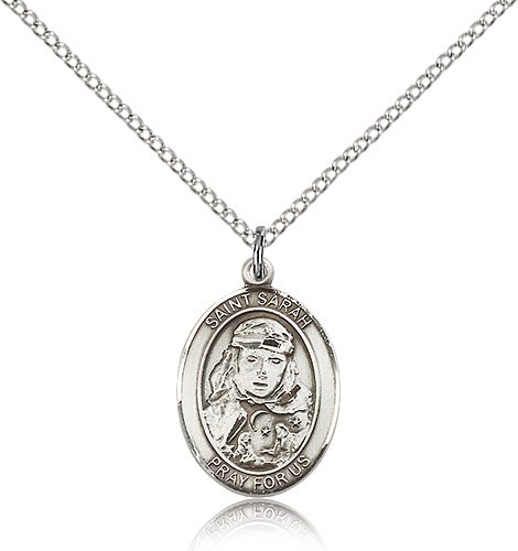 St. Sarah Medal, Sterling Silver, Medium - 18&quot; 1.2mm Sterling Silver Chain + Clasp