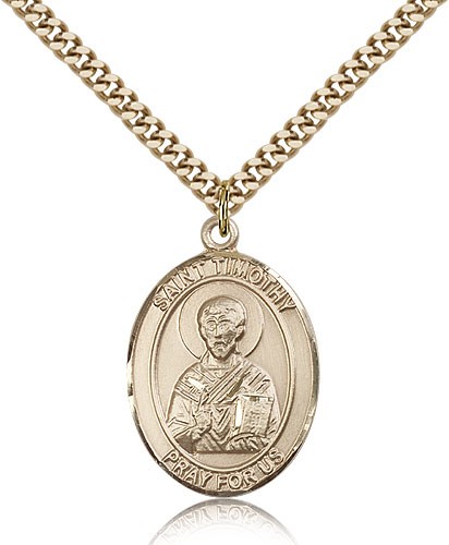 St. Timothy Medal, Gold Filled, Large - 24&quot; 2.4mm Gold Plated Chain + Clasp