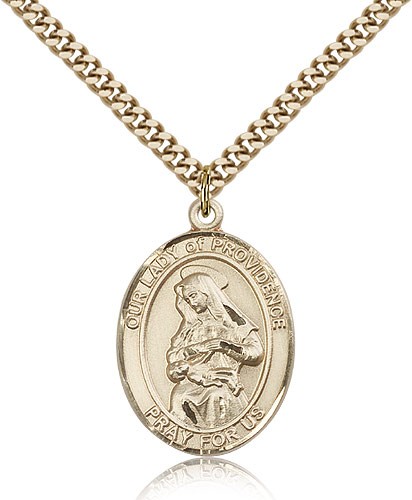 Our Lady of Providence Medal, Gold Filled, Large - 24&quot; 2.4mm Gold Plated Chain + Clasp