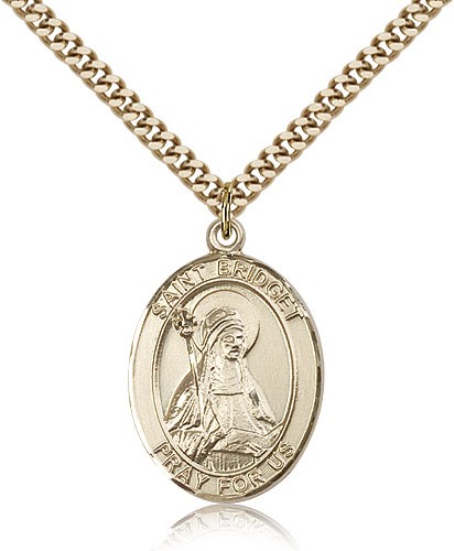 St. Bridget of Sweden Medal, Gold Filled, Large - 24&quot; 2.4mm Gold Plated Chain + Clasp