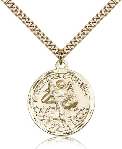 Round 14kt Gold Filled Saint Christopher Medal - 24&quot; 2.4mm Gold Plated Endless Chain