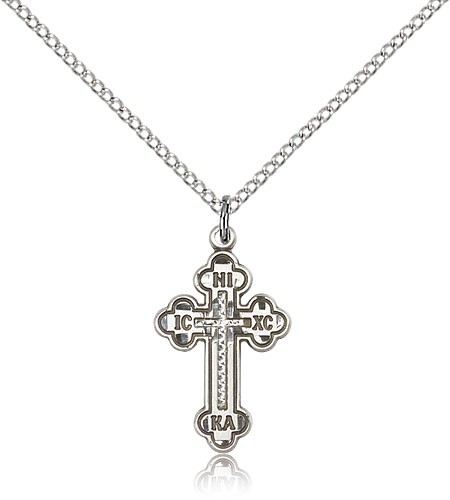 Russian Cross Pendant, Sterling Silver - 18&quot; 1.2mm Sterling Silver Chain + Clasp