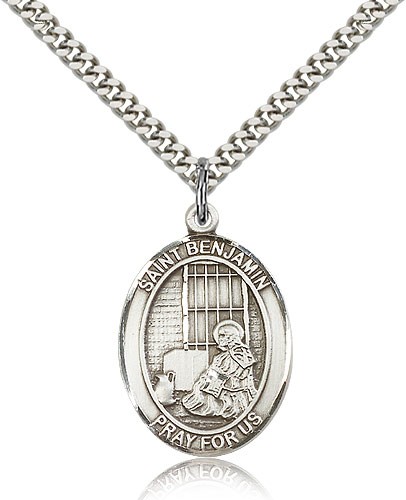 St. Benjamin Medal, Sterling Silver, Large - 24&quot; 2.4mm Rhodium Plate Chain + Clasp