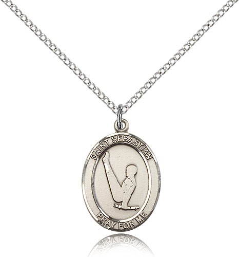 St. Sebastian Gymnastics Medal, Sterling Silver, Medium - 18&quot; 1.2mm Sterling Silver Chain + Clasp