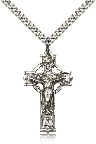 Celtic Crucifix Pendant, Sterling Silver - 24&quot; 2.4mm Rhodium Plate Endless Chain