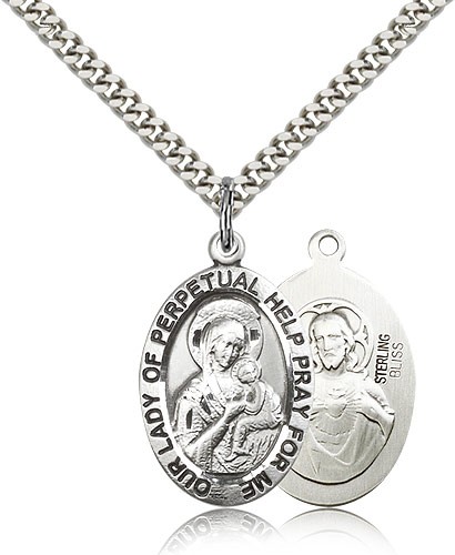 Our Lady of Perpetual Help Medal, Sterling Silver - 24&quot; 2.4mm Rhodium Plate Endless Chain