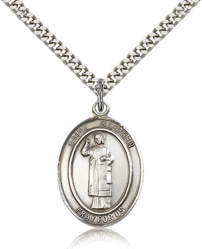St. Stephen the Martyr Medal, Sterling Silver, Large - 24&quot; 2.4mm Rhodium Plate Chain + Clasp