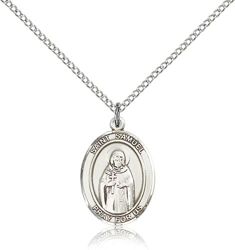 St. Samuel Medal, Sterling Silver, Medium - 18&quot; 1.2mm Sterling Silver Chain + Clasp