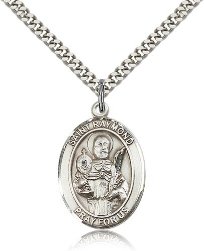 St. Raymond Nonnatus Medal, Sterling Silver, Large - 24&quot; 2.4mm Rhodium Plate Chain + Clasp