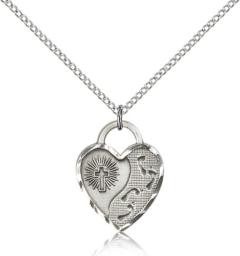 Footprints Heart Medal, Sterling Silver - 18&quot; 1.2mm Sterling Silver Chain + Clasp