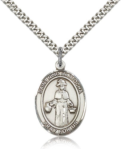 St. Nino De Atocha Medal, Sterling Silver, Large - 24&quot; 2.4mm Rhodium Plate Chain + Clasp