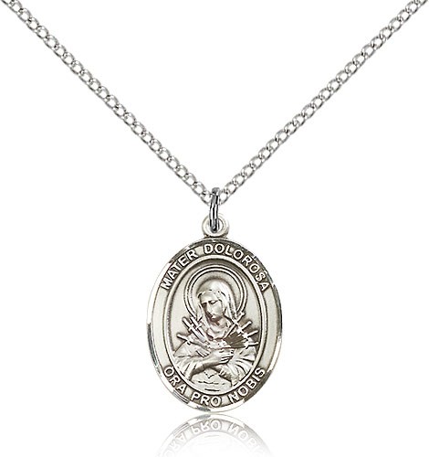 Mater Dolorosa Medal, Sterling Silver, Medium - 18&quot; 1.2mm Sterling Silver Chain + Clasp