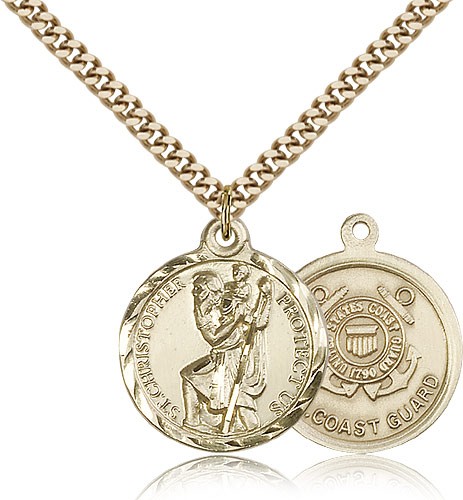 St. Christopher Coast Guard Medal, Gold Filled - 24&quot; 2.4mm Gold Plated Endless Chain