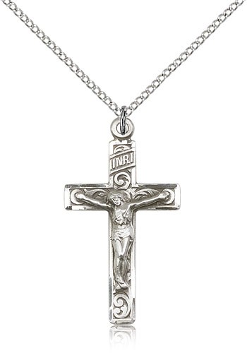 Crucifix Pendant, Sterling Silver - 18&quot; 1.2mm Sterling Silver Chain + Clasp