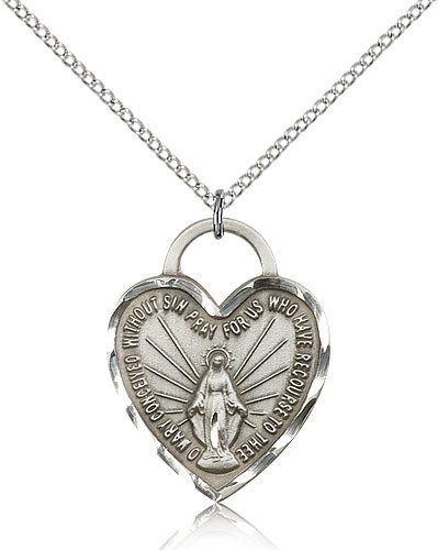 Miraculous Heart Medal, Sterling Silver - 18&quot; 1.2mm Sterling Silver Chain + Clasp