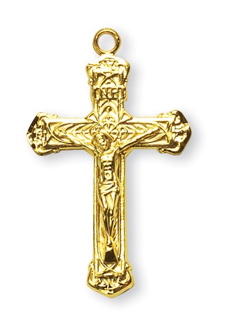 Crucifix Necklace Ornate, 16 Karat Gold Over Sterling Silver with Chain - Gold-tone