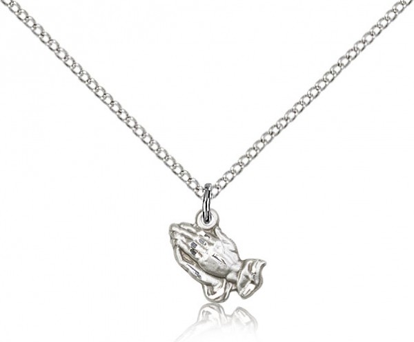 Praying Hands Medal, Sterling Silver - 18&quot; 1.2mm Sterling Silver Chain + Clasp