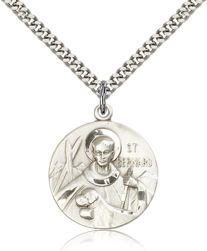 St. Bernard of Clairvaux Medal, Sterling Silver - 24&quot; 2.4mm Rhodium Plate Endless Chain