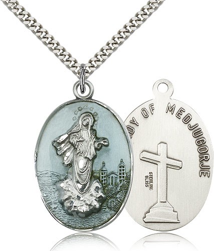 Medjugorje Medal, Sterling Silver - 24&quot; 2.4mm Rhodium Plate Endless Chain