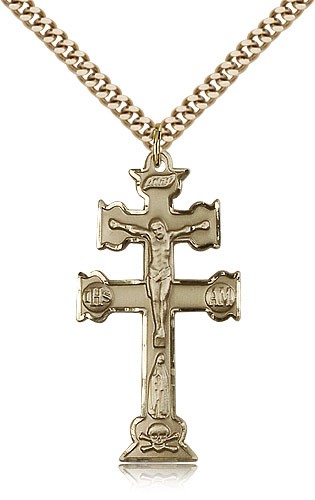 Caravaca Crucifix Pendant, Gold Filled - 24&quot; 2.4mm Gold Plated Endless Chain