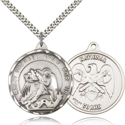 St. Joseph National Guard Medal, Sterling Silver - 24&quot; 2.4mm Rhodium Plate Endless Chain