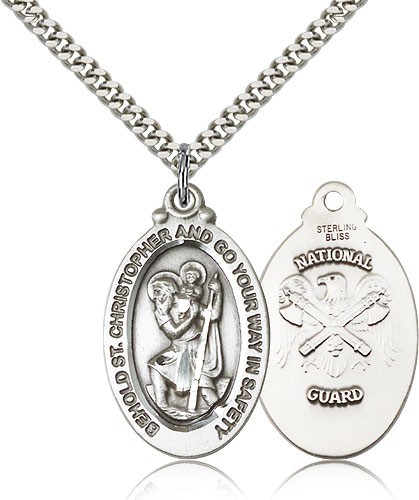 St. Christopher National Guard Medal, Sterling Silver - 24&quot; 2.4mm Rhodium Plate Endless Chain