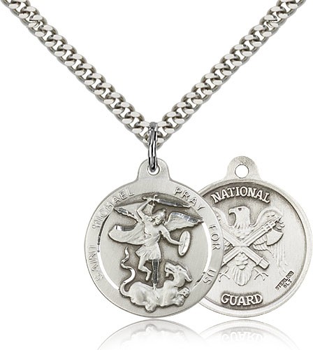 St. Michael National Guard Medal, Sterling Silver - 24&quot; 2.4mm Rhodium Plate Endless Chain