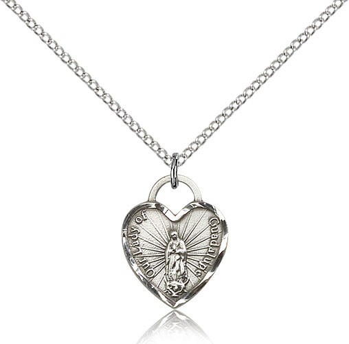 Our Lady of Guadalupe Heart Medal, Sterling Silver - 18&quot; 1.2mm Sterling Silver Chain + Clasp