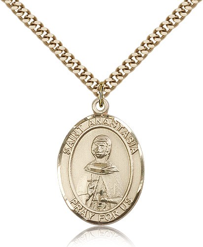 St. Anastasia Medal, Gold Filled, Large - 24&quot; 2.4mm Gold Plated Chain + Clasp