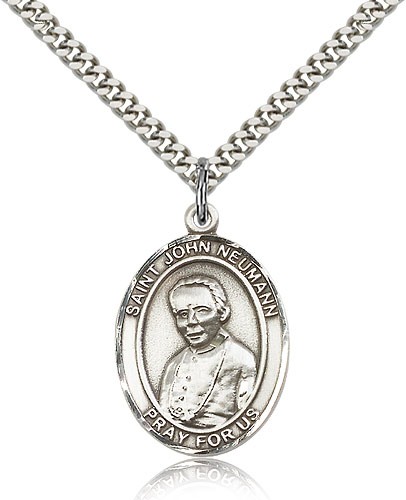 St. John Neumann Medal, Sterling Silver, Large - 24&quot; 2.4mm Rhodium Plate Chain + Clasp