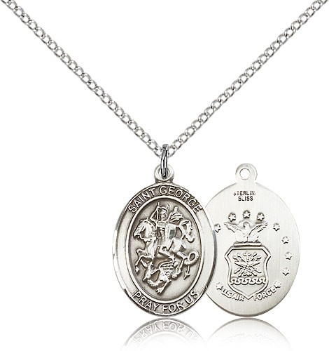St. George Air Force Medal, Sterling Silver, Medium - 18&quot; 1.2mm Sterling Silver Chain + Clasp
