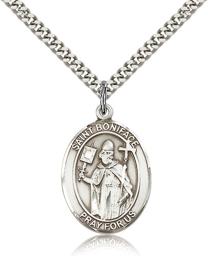 St. Boniface Medal, Sterling Silver, Large - 24&quot; 2.4mm Rhodium Plate Chain + Clasp