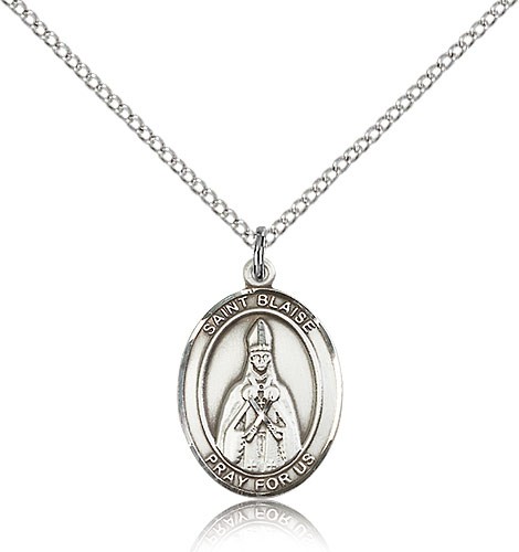 St. Blaise Medal, Sterling Silver, Medium - 18&quot; 1.2mm Sterling Silver Chain + Clasp