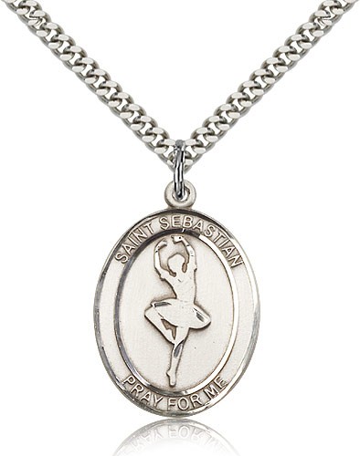 St. Sebastian Dance Medal, Sterling Silver, Large - 24&quot; 2.4mm Rhodium Plate Chain + Clasp