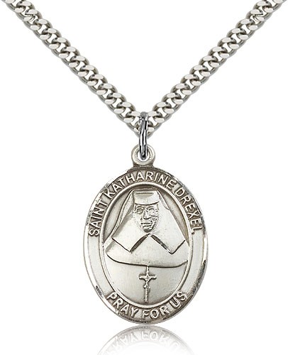St. Katharine Drexel Medal, Sterling Silver, Large - 24&quot; 2.4mm Rhodium Plate Chain + Clasp