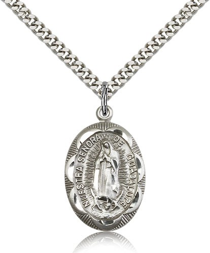 Our Lady of Guadalupe Medal, Sterling Silver - 24&quot; 2.4mm Rhodium Plate Endless Chain