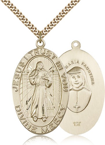 Divine Mercy Medal, Gold Filled - 24&quot; 2.4mm Gold Plated Endless Chain