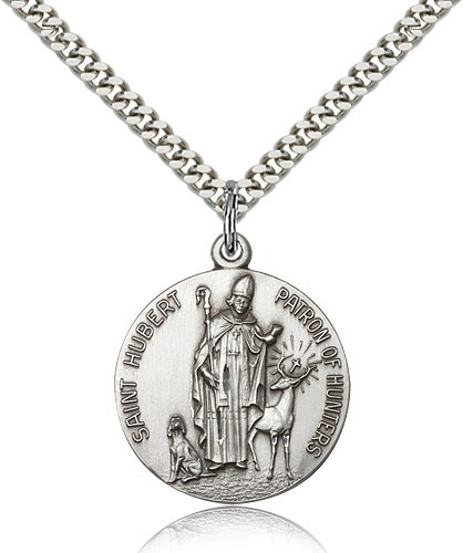 Men's Round Sterling Silver St. Hubert of Li&egrave;ge Medal - 24&quot; 2.4mm Rhodium Plate Endless Chain