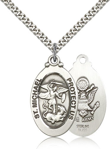 St. Michael Army Medal, Sterling Silver - 24&quot; 2.4mm Rhodium Plate Endless Chain