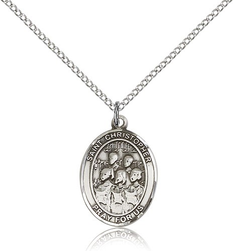 St Christopher Choir Medal, Sterling Silver, Medium - 18&quot; 1.2mm Sterling Silver Chain + Clasp