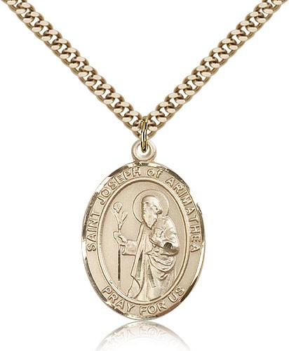 St. Joseph of Arimathea Medal, Sterling Silver, Large - 24&quot; 2.4mm Gold Plated Chain + Clasp