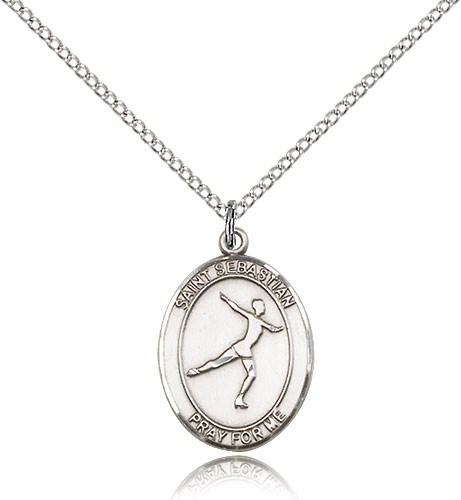 St. Sebastian Figure Skating Medal, Sterling Silver, Medium - 18&quot; 1.2mm Sterling Silver Chain + Clasp