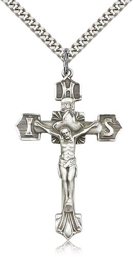 Crucifix Pendant, Sterling Silver - 24&quot; 2.4mm Rhodium Plate Endless Chain